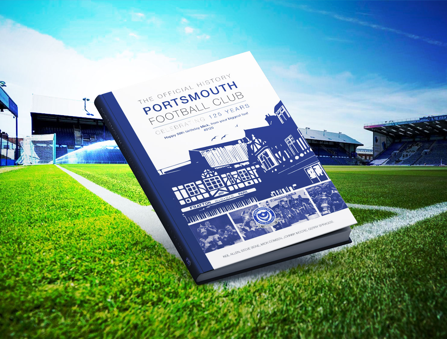 A4-Book-Mockup Portsmouth 125 case bound book, Fratton park in the background